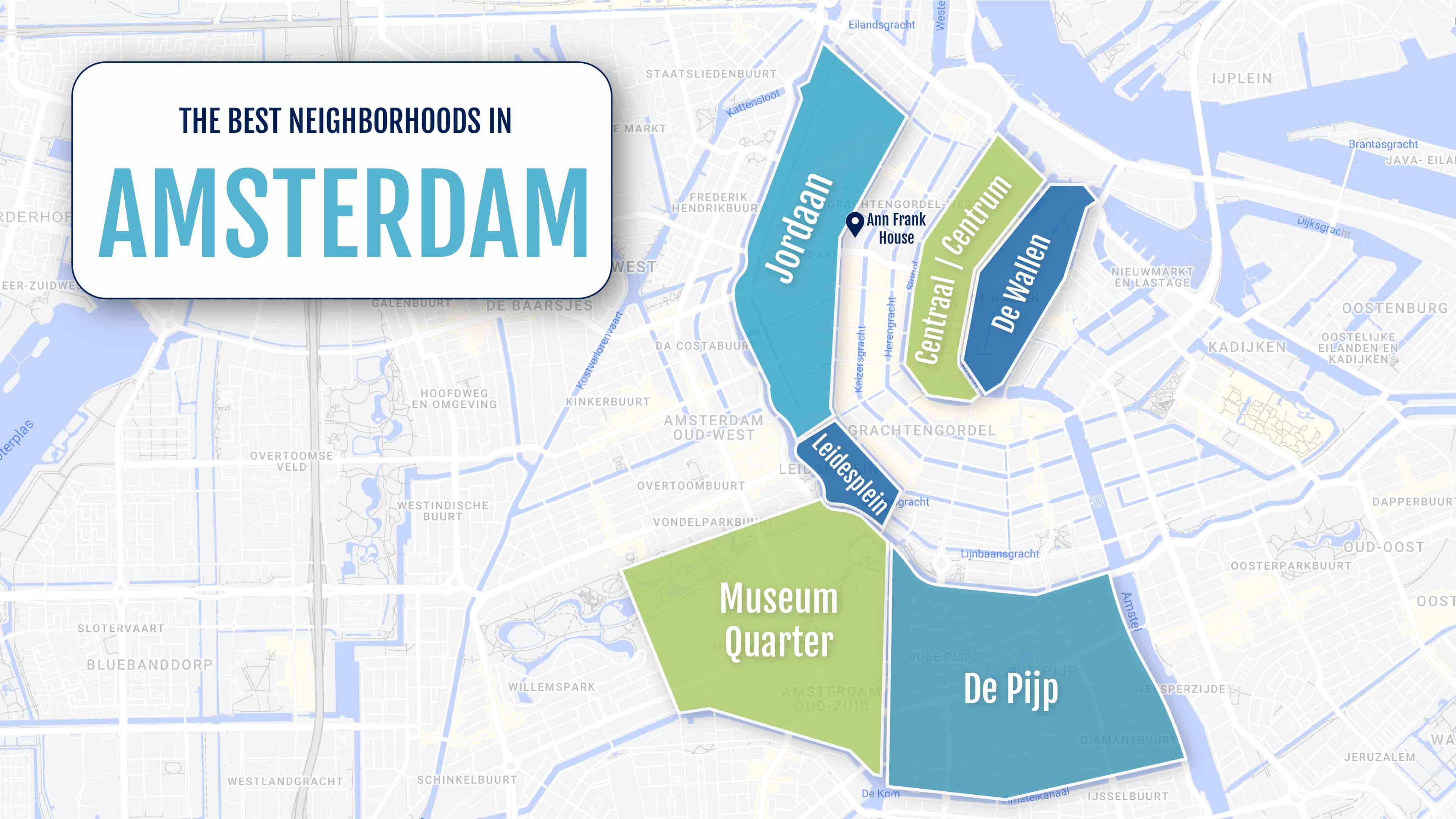 A colorful map of the neighborhoods in Amsterdam, Netherlands