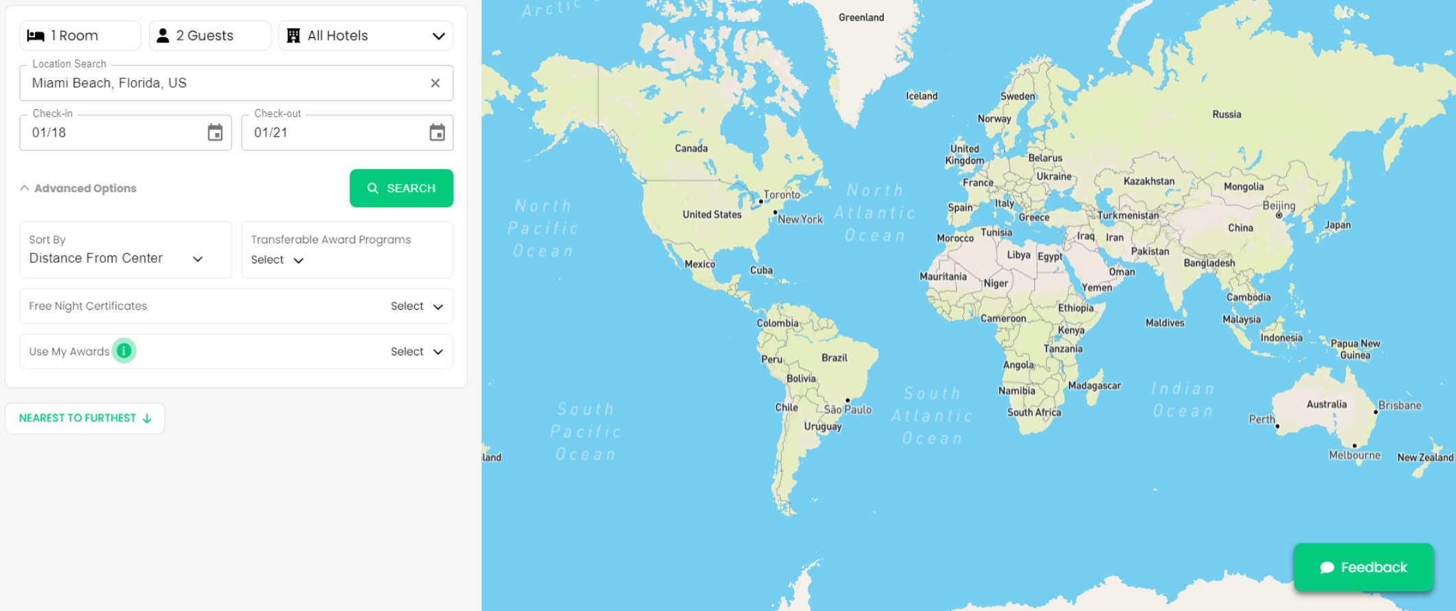 World map next to search box on Awayz website