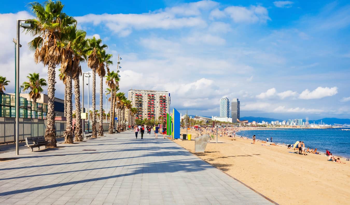 The iconic La Barceloneta beach along the shore of Barcelona, Spain