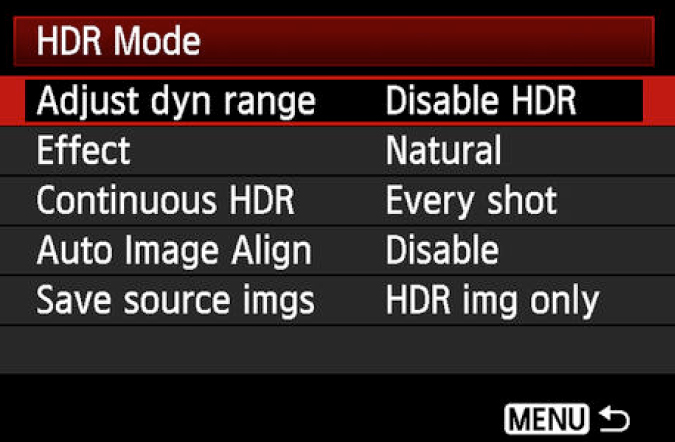 HDR mode menu options on a gopro hero