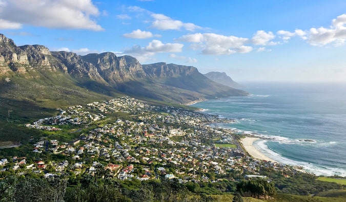 The view overlooking sunny Cape Town in South Africa with mountains and the ocean in the distance