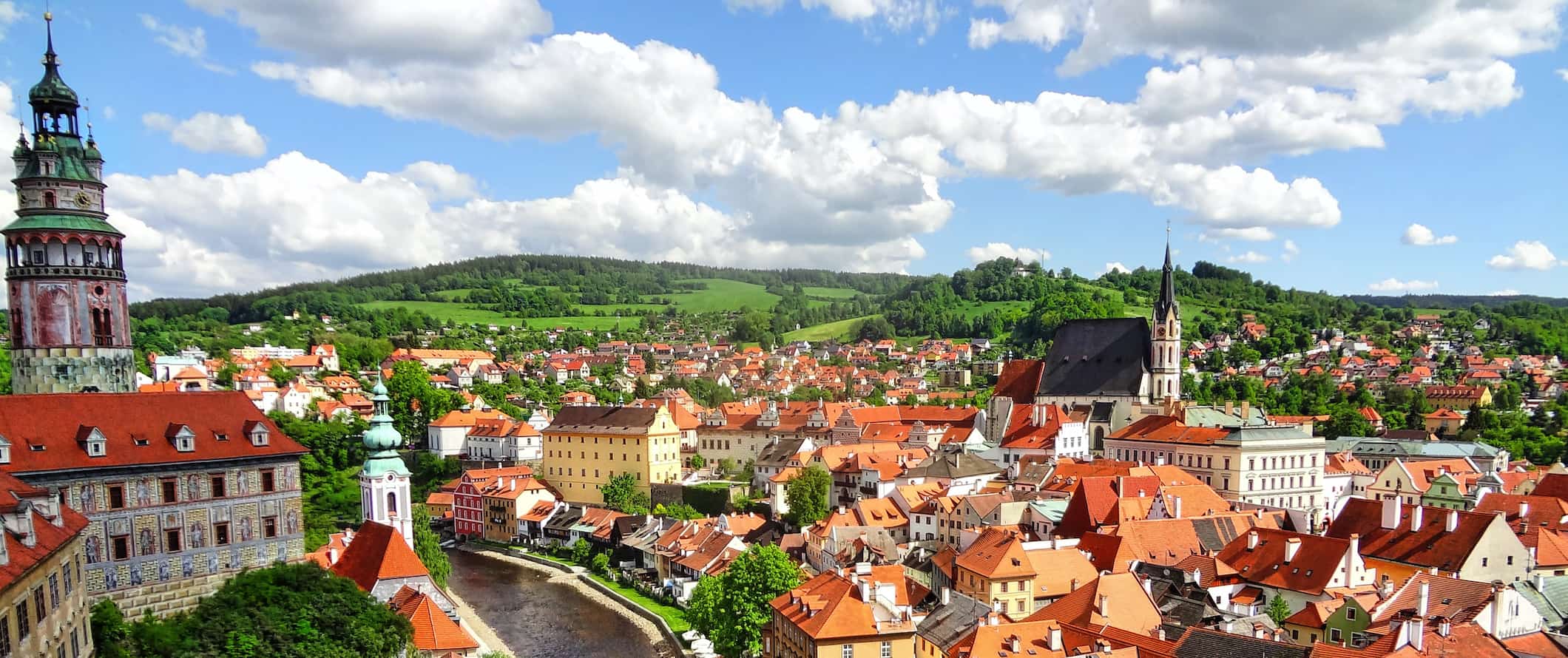 A scenic view over the rooftops in Cesky Krumlov on a sunny day in Czechia