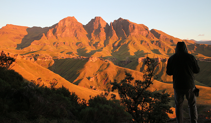 Drakensberg Mountains expanding into the distance during sunset in South Africa