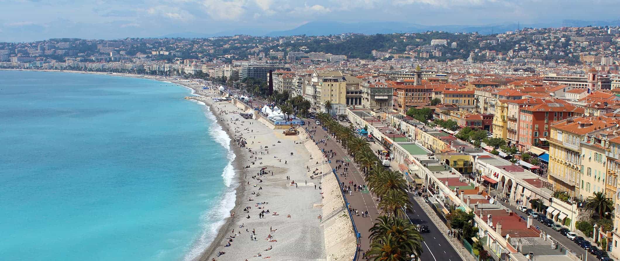 A gorgeous aerial view overlooking Nice and its beach and promenade along the French coast